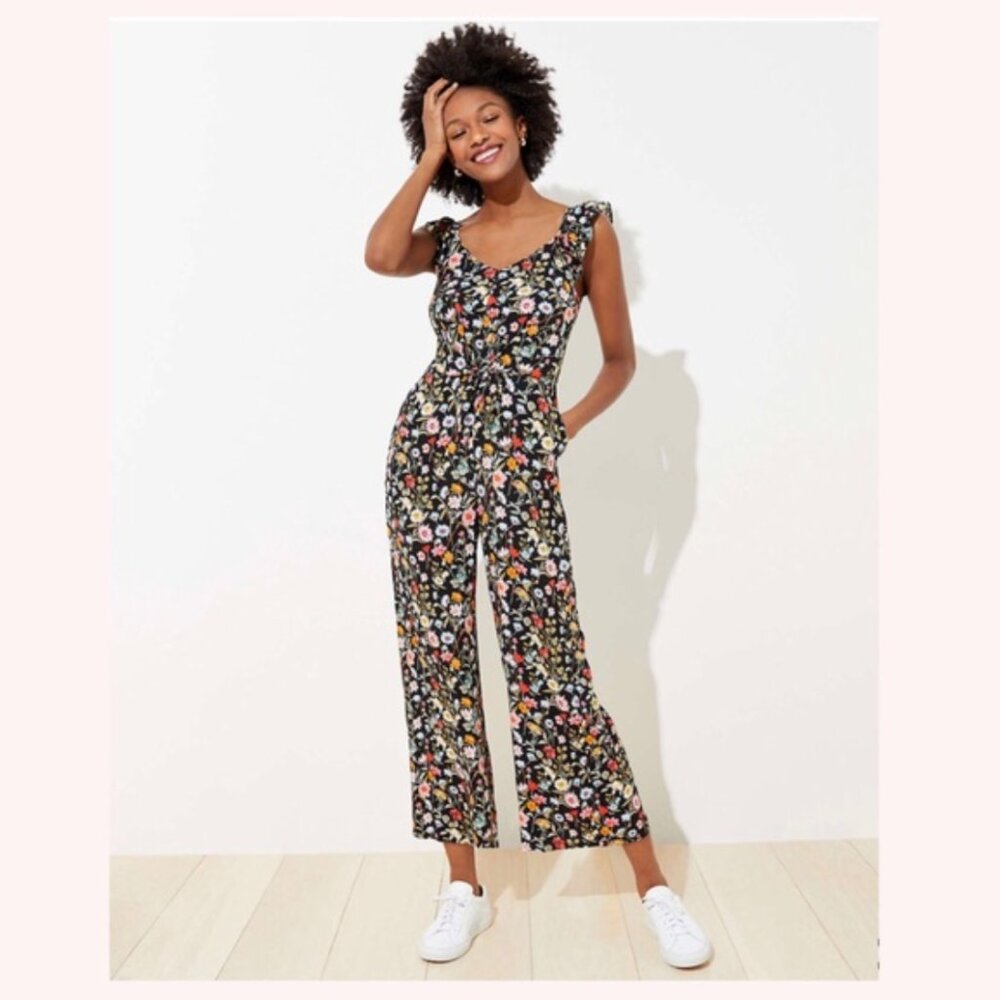 NWT Loft Black Floral Tie Front Ruffle Strap Jumpsuit
